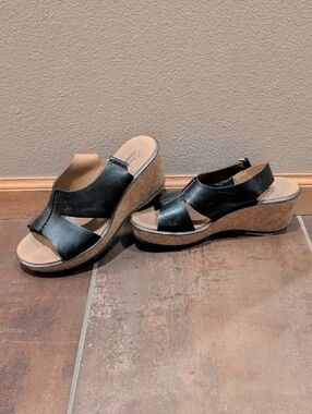 Clarks Black Leather Cork Wedge Sandals
